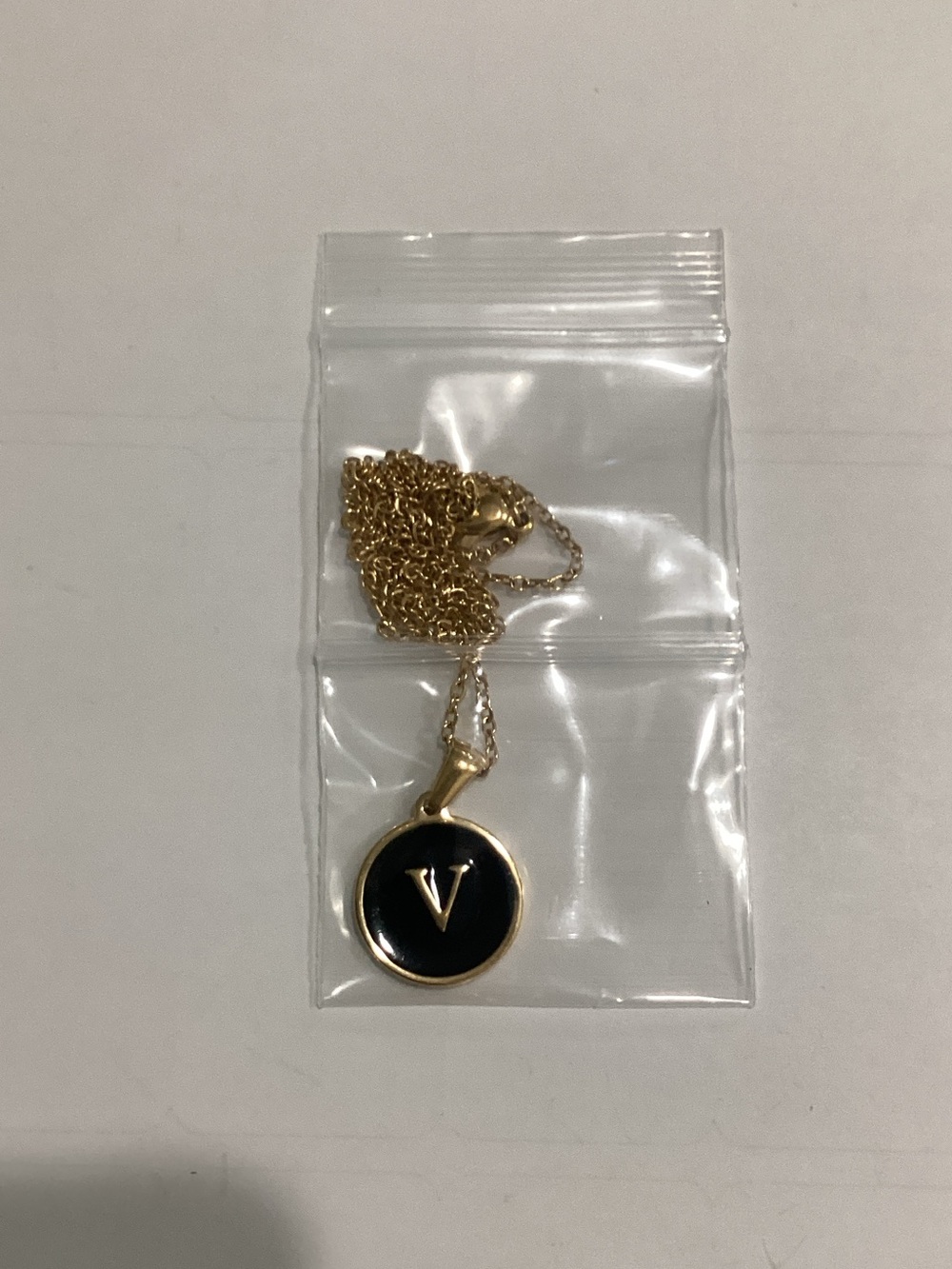 Gold Initial V Pendant‎ Necklace with Black Enamel
